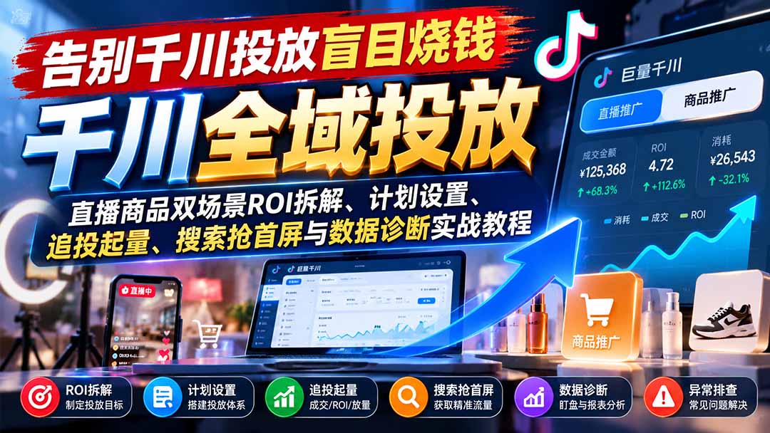 告别千川投放盲目烧钱：直播商品双场景ROI拆解、计划设置、追投起量、搜索抢首屏与数据诊断实战教程|一人科技OPC聚合软件