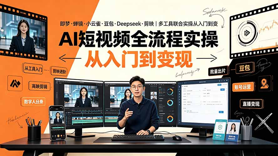 AI短视频全流程实操：即梦·蝉镜·小云雀·豆包·Deepseek·剪映｜多工具联合实操从入门到变现|一人科技OPC聚合软件