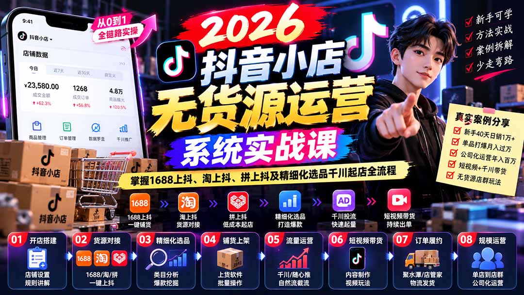 【无水印】2026抖音小店无货源运营系统实战课：掌握1688上抖、淘上抖、拼上抖及精细化选品千川起店全流程|一人科技OPC聚合软件