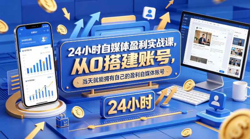 24小时自媒体盈利实战课，从0搭建账号，当天就能拥有自己的盈利自媒体账号|协议软件打粉软件