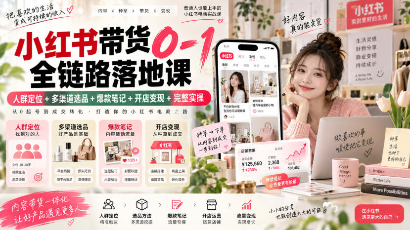 小红书带货0-1全链路落地课|人群定位+多渠道选品+爆款笔记+开店变现完整实操|一人科技OPC聚合软件