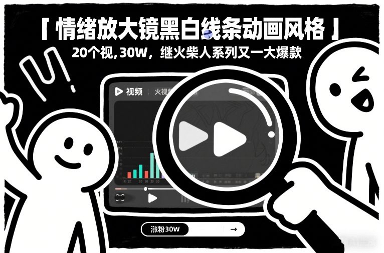 情绪放大镜黑白线条动画风格，20个视频，涨粉30W，继火柴人系列又一大爆款|HOOK协议网