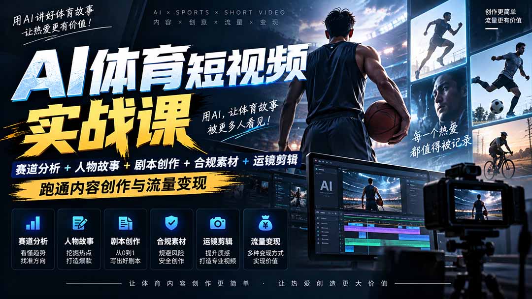 AI体育短视频赛道顶级玩法｜赛道分析+人物故事+剧本创作+版权处理+运镜剪辑，跑通流量变现-日赚1K+|一人科技OPC聚合软件