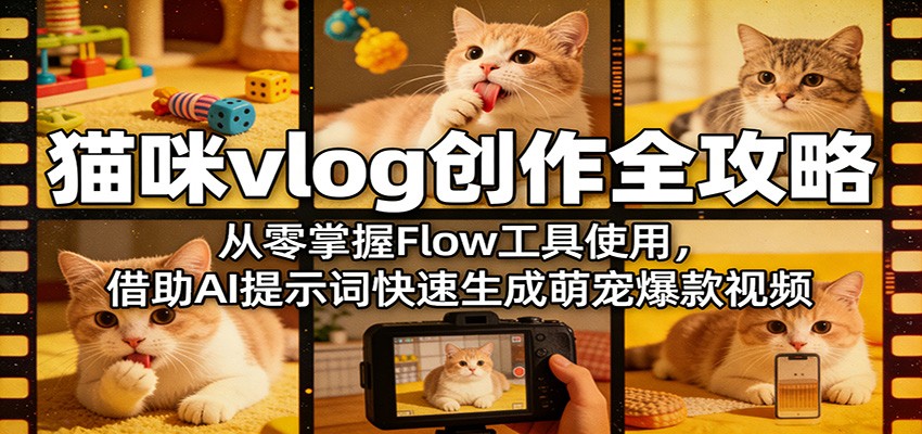 猫咪vlog创作全攻略：从零掌握Flow工具使用，借助AI提示词快速生成萌宠爆款视频|协议软件打粉软件