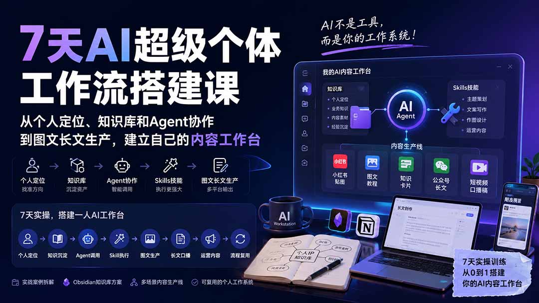7天AI超级个体工作流搭建课：从个人定位、知识库和Agent协作到图文长文生产，建立自己的内容工作台|一人科技OPC聚合软件