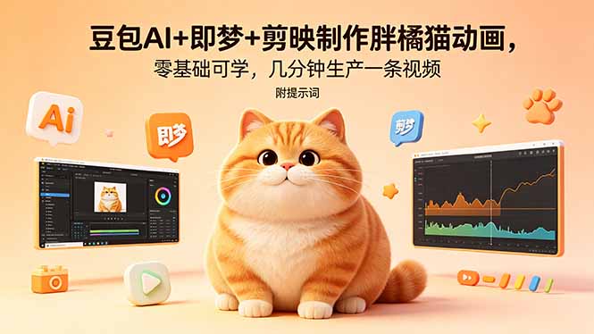 豆包AI+即梦+剪映制作胖橘猫动画，零基础可学，几分钟生产一条视频，附提示词|一人科技公司导航