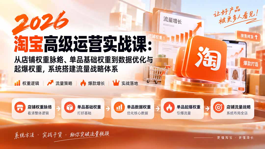 2026淘宝高级运营实战课：从店铺权重脉络、单品基础权重到数据优化与起爆权重，系统搭建流量战略体系|一人科技OPC聚合软件