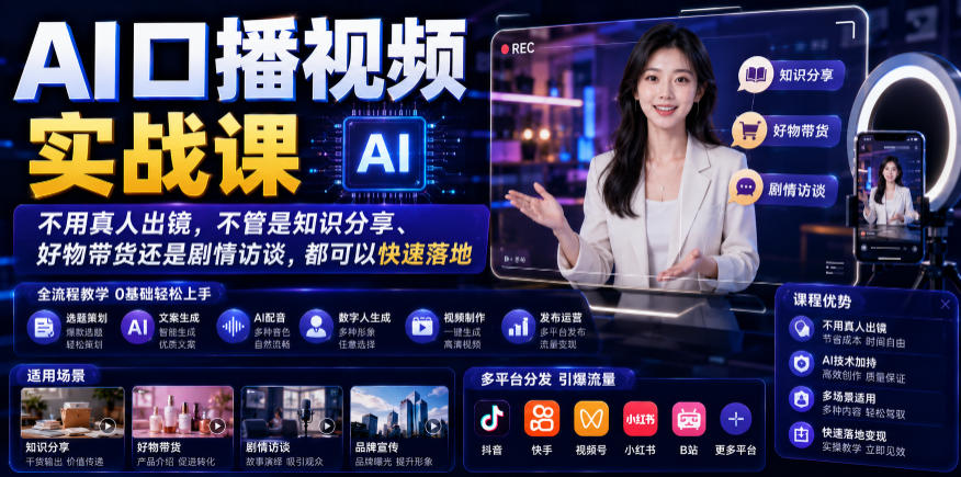 AI口播视频实战课，不用真人出镜，不管是知识分享、好物带货还是剧情访谈，都可以快速落地|一人科技OPC聚合软件