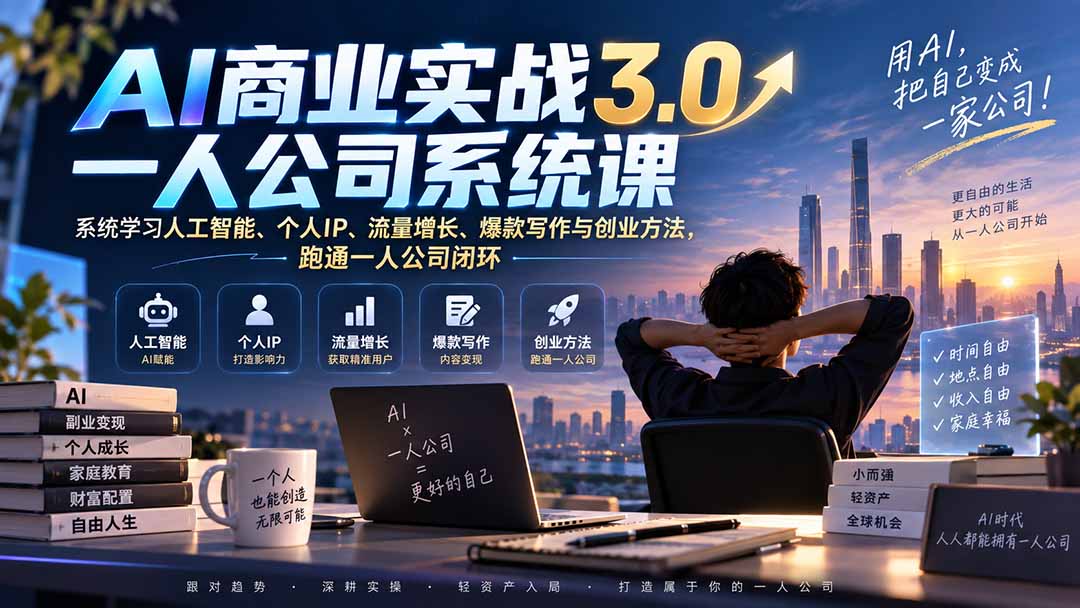 AI商业实战3.0一人公司系统课：系统学习人工智能、个人IP、流量增长、爆款写作与创业方法，跑通一人公司闭环|一人科技OPC聚合软件