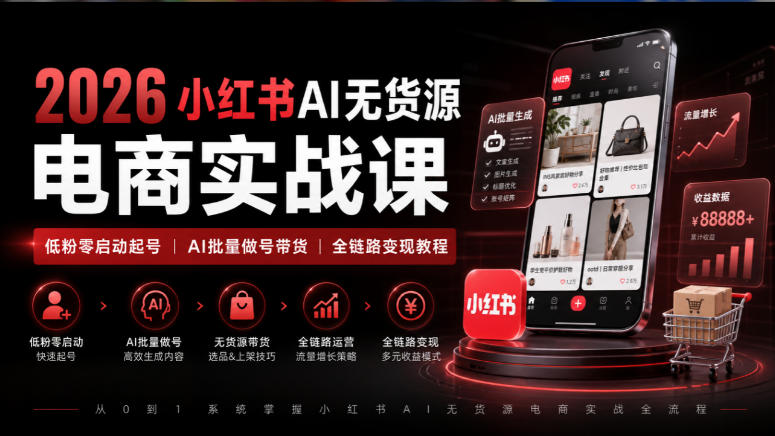 2026小红书AI无货源电商实战课｜低粉零启动起号｜AI批量做号带货全链路变现教程|一人科技OPC聚合软件