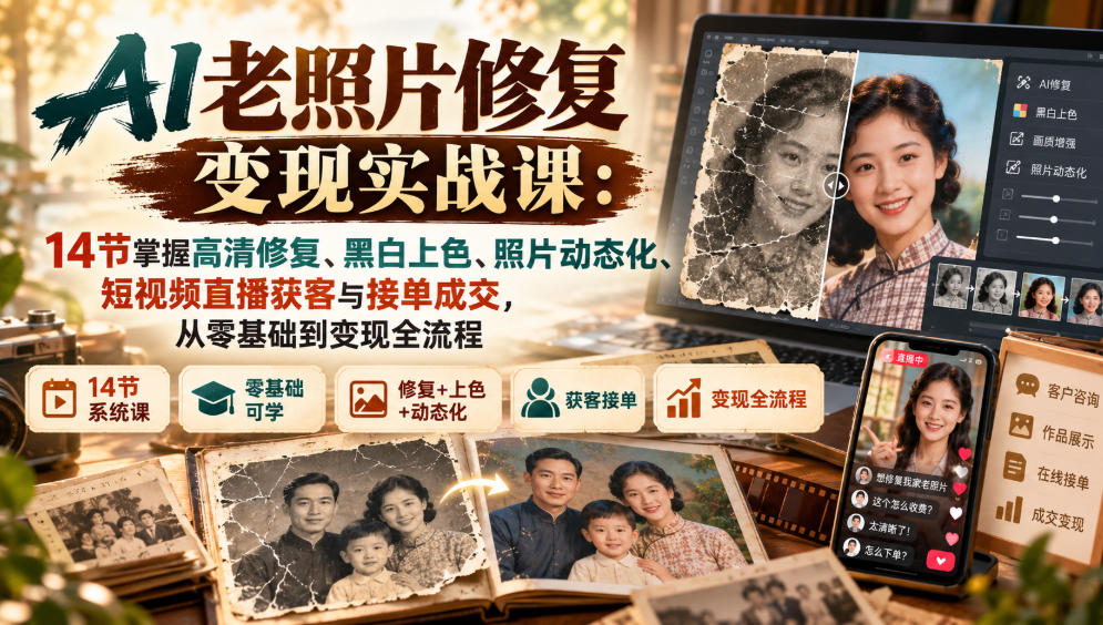 AI老照片修复变现实战课：14节掌握高清修复、黑白上色、照片动态化、短视频直播获客与接单成交，从零基础到变现全流程|一人科技OPC聚合软件