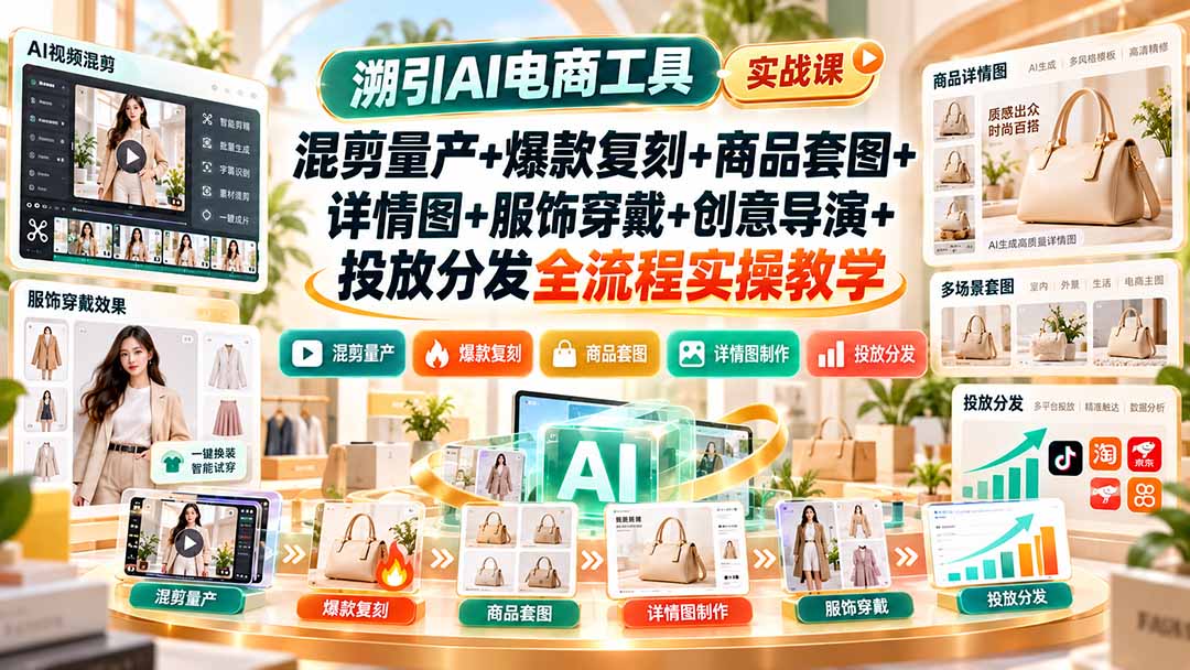 溯引AI电商工具实战课：混剪量产+爆款复刻+商品套图+详情图+服饰穿戴+创意导演+投放分发全流程实操教学|一人科技OPC聚合软件