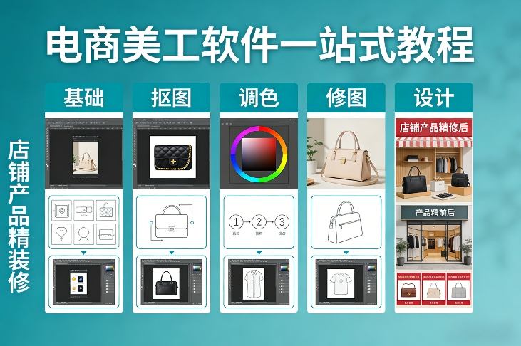 电商美工软件一站式教程，基础/抠图/调色/修图/设计，店铺产品精装修|协议软件打粉软件