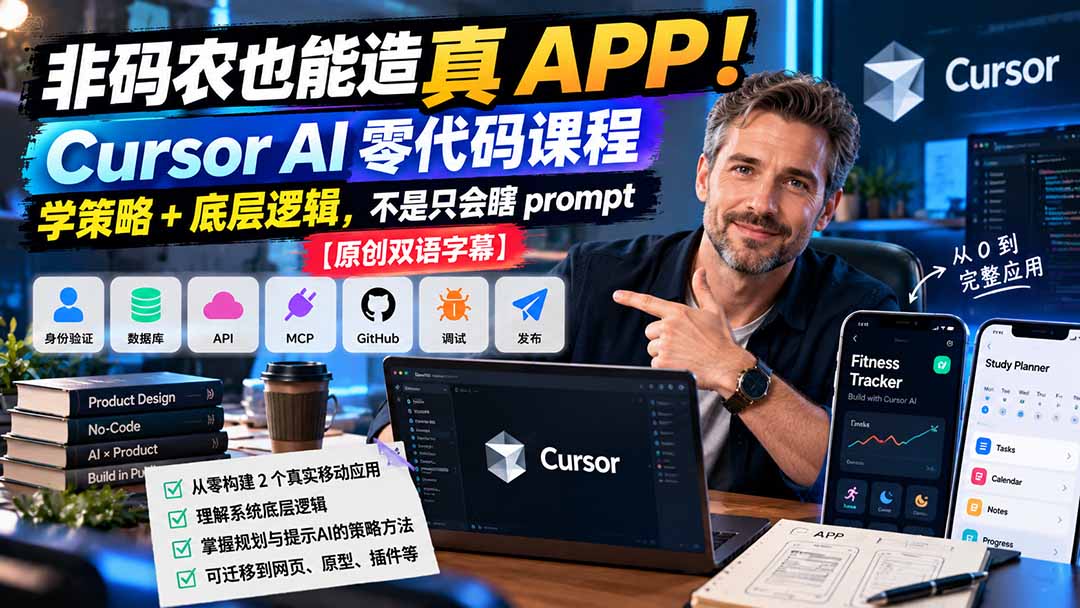 非码农也能造真 APP！Cursor AI 零代码课程：学策略 + 底层逻辑，不是只会瞎 prompt【原创双语字幕】|一人科技OPC聚合软件