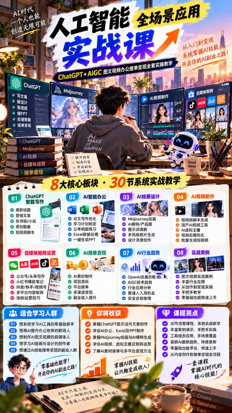 一个人掌握AI写作设计剪辑全套技能：从ChatGPT办公、AI绘画到虚拟主播、自媒体运营及接单变现|一人科技OPC聚合软件
