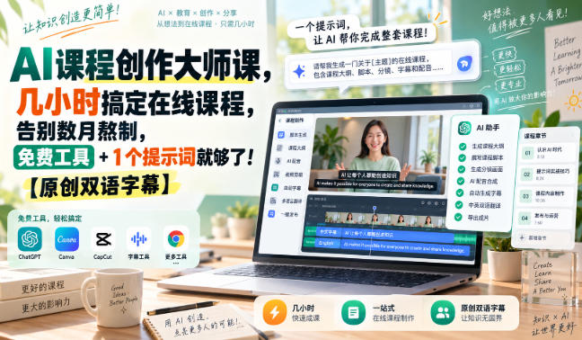 AI课程创作大师课，几小时搞定在线课程，告别数月熬制，免费工具+1个提示词就够了！【原创双语字幕】|一人科技OPC聚合软件