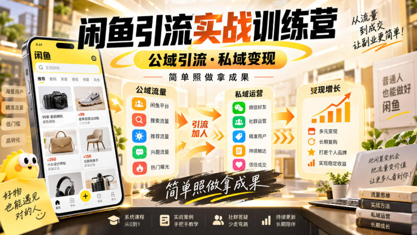 闲鱼引流实战训练营，公域引流·私域变现，简单照做拿成果|一人科技OPC聚合软件