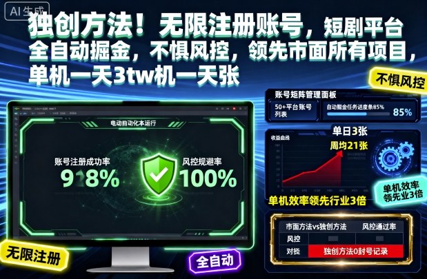 独创方法！无限注册账号，短剧平台全自动掘金，不惧风控，领先市面所有项目，单机一天3张【揭秘】|HOOK协议网