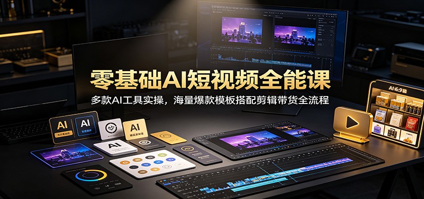 零基础AI短视频全能课：多款AI工具实操，海量爆款模板搭配剪辑带货全流程|一人科技OPC聚合软件