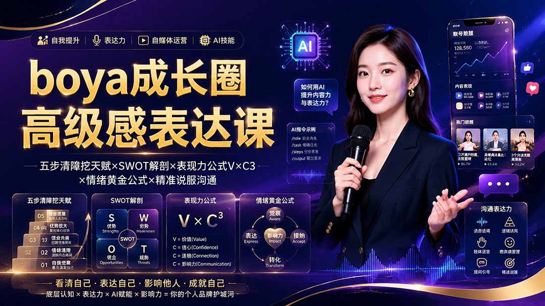 boya成长圈｜内心成长高级表达AI自媒体三合一，消解内耗挖掘天赋，镜头沟通AI指令短视频全流程教学|一人科技OPC聚合软件