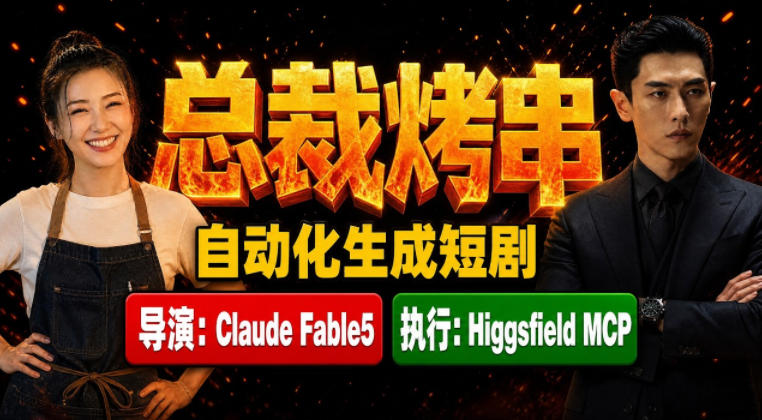 Claude Fable5担任导演+Higgsfield MCP落地执行｜《总裁烤串》真人质感短剧全自动AI生成全流程教学|一人科技OPC聚合软件