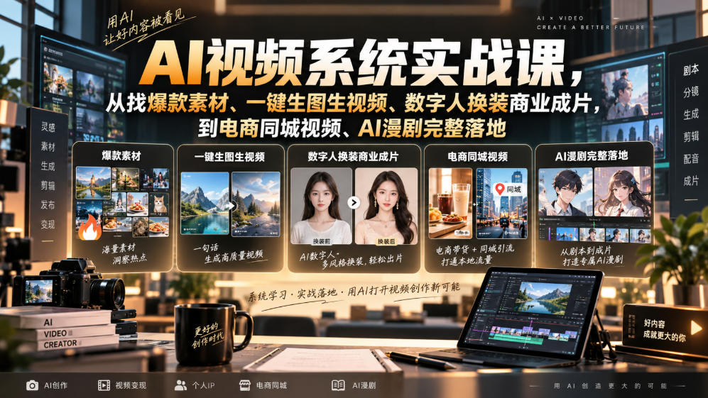 AI视频系统实战课，从找爆款素材、一键生图生视频、数字人换装商业成片，到电商同城视频、AI漫剧完整落地|一人科技OPC聚合软件
