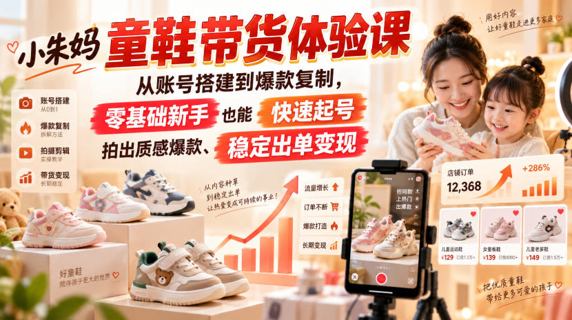 小朱妈童鞋带货体验课，从账号搭建到爆款复制，零基础新手也能快速起号、拍出质感爆款、稳定出单变现|一人科技OPC聚合软件