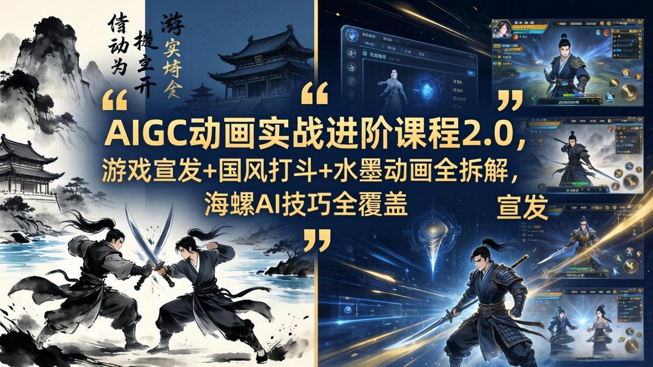 AIGC动画实战进阶课程2.0，游戏宣发+国风打斗+水墨动画全拆解，海螺AI技巧全覆盖|协议软件打粉软件