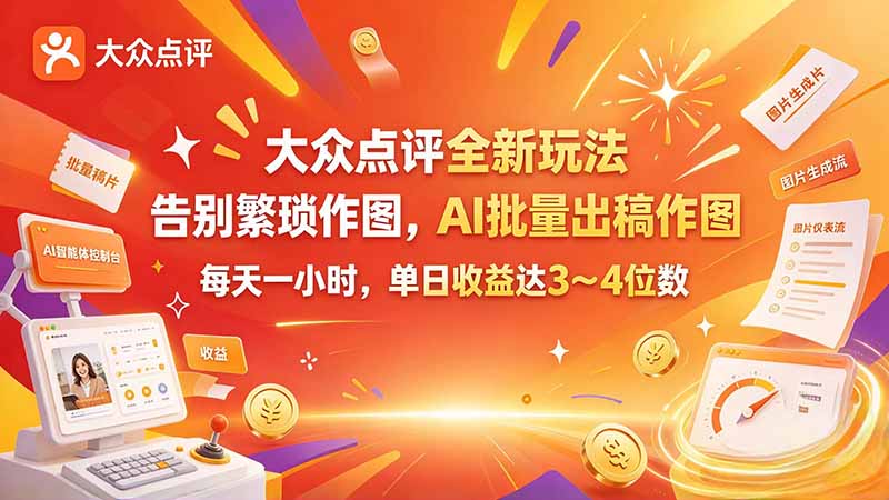大众点评全新玩法，不用繁琐作图，AI 批量出稿作图，每天一小时，单日收益达 3～4 位数|一人科技OPC聚合软件