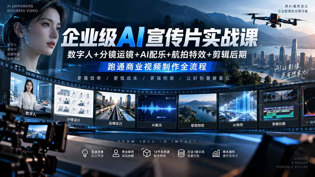 企业级AI宣传片实战课｜数字人+分镜运镜+AI配乐+航拍特效+剪辑后期，跑通商业视频制作全流程|一人科技OPC聚合软件