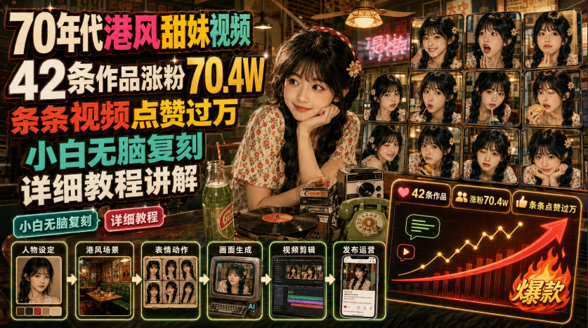 70年代港风甜妹视频，42条作品涨粉70.4W，条条视频点赞过万，小白无脑复刻，详细教程讲解|一人科技OPC聚合软件