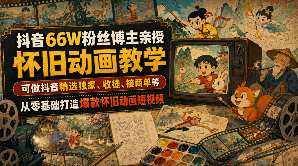 抖音66W粉丝博主亲授怀旧动画教学，可做抖音精选独家、收徒、接商单等，从零基础打造爆款怀旧动画短视频|一人科技OPC聚合软件