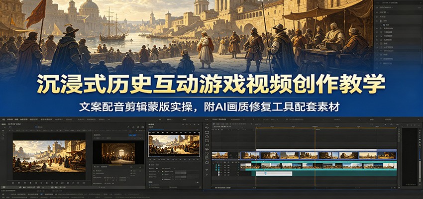 沉浸式历史互动游戏视频创作教学：文案配音剪辑蒙版实操，附AI画质修复工具配套素材|一人科技公司导航