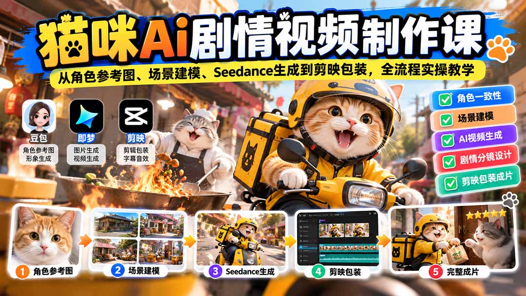 猫咪AI剧情视频制作课：从角色参考图、场景建模、Seedance生成到剪映包装，全流程实操教学|一人科技OPC聚合软件