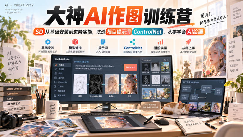 大神AI作图训练营，SD从基础安装到进阶实操，吃透模型提示词ControlNet，从零学会AI绘画|一人科技OPC聚合软件