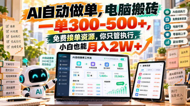 AI自动做单，电脑搬砖一单300-500+，免费接单资源，你只管执行，小白也能月入2W+【揭秘】|一人科技OPC聚合软件