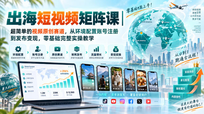 出海短视频矩阵课｜超简单的视频原创赛道，从环境配置账号注册到发布变现，零基础完整实操教学|一人科技OPC聚合软件
