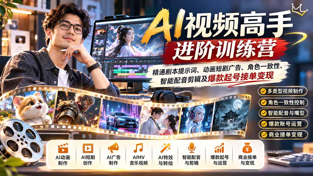 AI视频高手进阶训练营：精通剧本提示词、动画短剧广告、角色一致性、智能配音剪辑及爆款起号接单变现|一人科技OPC聚合软件