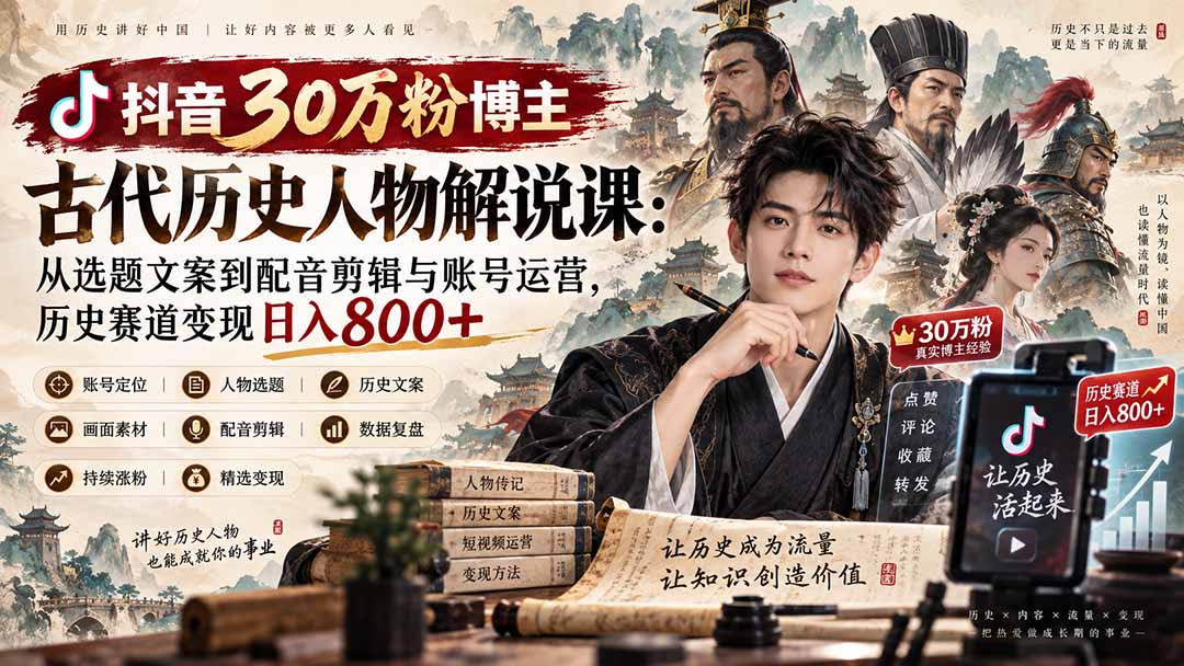 抖音30万粉博主古代历史人物解说课：从选题文案到配音剪辑与账号运营，历史赛道变现日入800+|一人科技OPC聚合软件