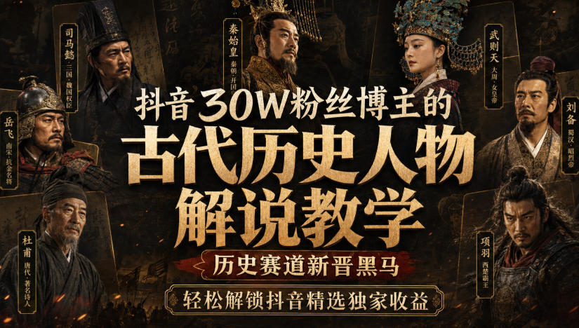 抖音30W粉丝博主的古代历史人物解说教学，历史赛道新晋黑马，轻松解锁抖音精选独家收益|一人科技OPC聚合软件