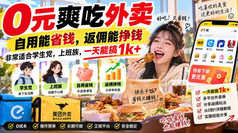 0元爽吃外卖，自用能省钱，返佣能挣钱，非常适合学生党，上班族，一天能搞1k+|一人科技OPC聚合软件