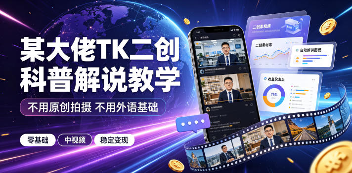 某大佬TK二创科普解说教学，不用原创拍摄不用外语基础，零基础做TikTok中视频稳定变现|一人科技OPC聚合软件