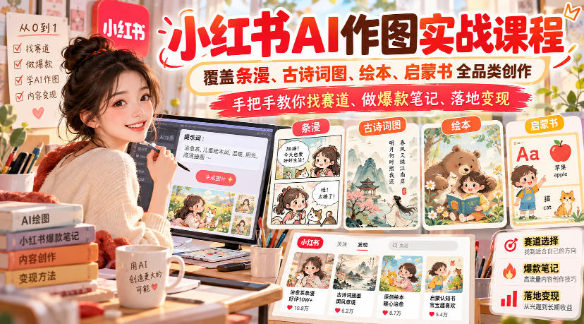 小红书AI作图实战课程，覆盖条漫、古诗词图、绘本、启蒙书全品类创作，手把手教你找赛道、做爆款笔记、落地变现|一人科技OPC聚合软件