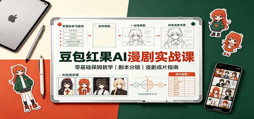 豆包红果AI漫剧实战课：零基础保姆教学，剧本分镜，漫剧成片指南|一人科技OPC聚合软件