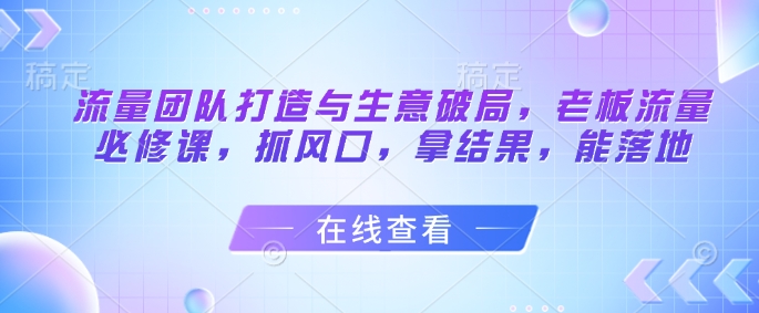 流量团队打造与生意破局，老板流量必修课，抓风口，拿结果，能落地|HOOK协议网