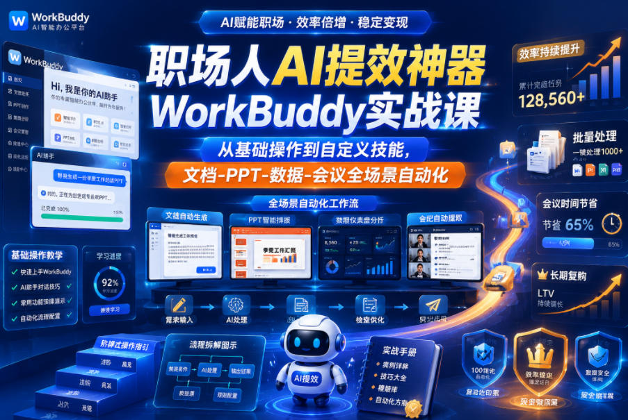 职场人AI提效神器WorkBuddy实战课，从基础操作到自定义技能，文档-PPT-数据-会议全场景自动化|一人科技公司导航