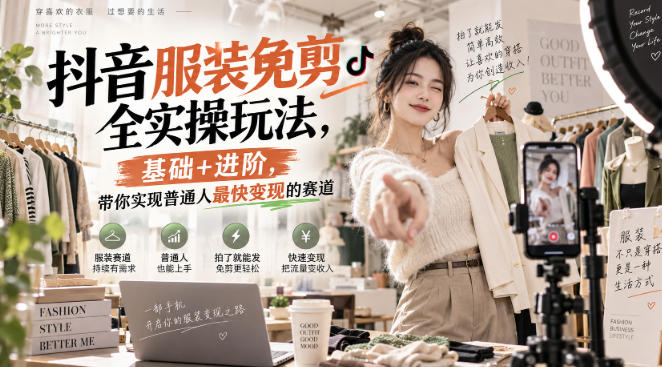 抖音服装免剪全实操玩法，基础+进阶，带你实现普通人最快变现的赛道|一人科技OPC聚合软件