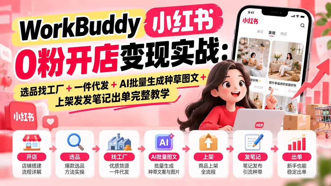 WorkBuddy小红书0粉开店变现实战：选品找工厂+一件代发+AI批量生成种草图文+上架发发笔记出单完整教学|一人科技OPC聚合软件