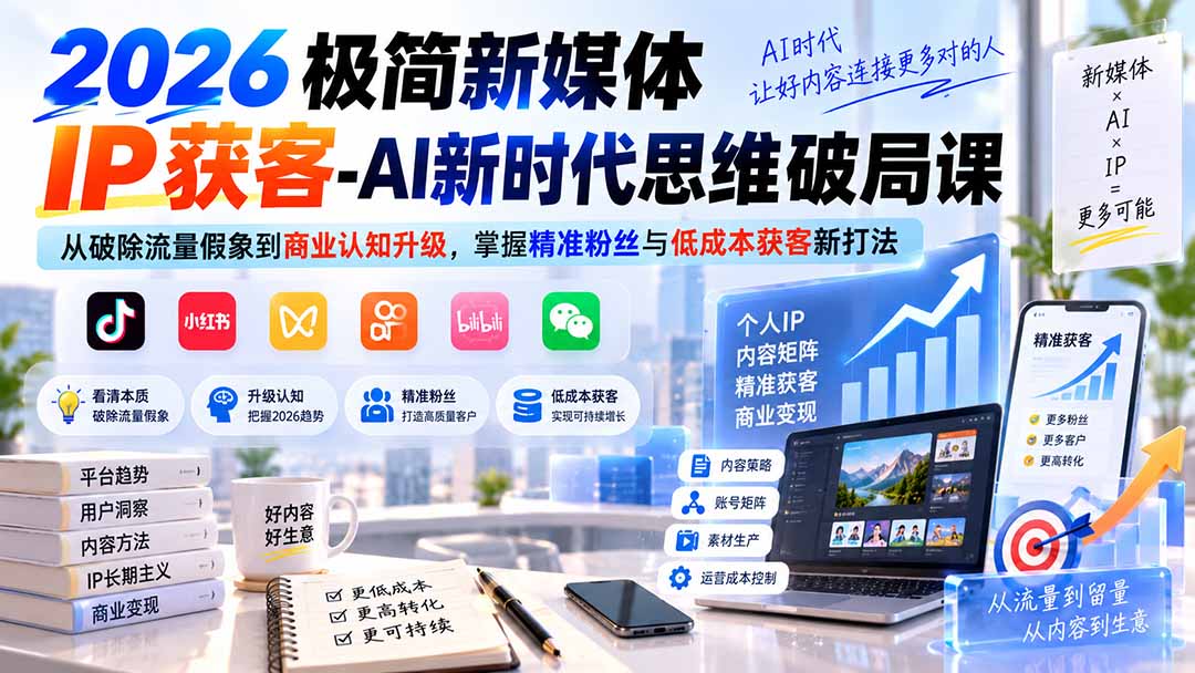2026极简新媒体IP获客-AI新时代思维破局课：从破除流量假象到商业认知升级，掌握精准粉丝与低成本获客新打法|一人科技OPC聚合软件