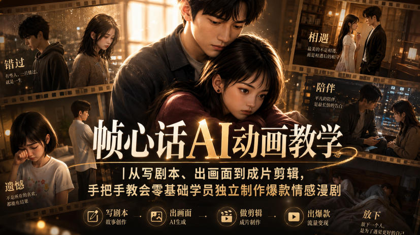 帧心话AI动画教学｜从写剧本、出画面到成片剪辑，手把手教会零基础学员独立制作爆款情感漫剧|一人科技OPC聚合软件